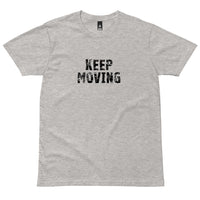 Men's classic and simple 100% cotton t-shirt.  Tee is super comfy and soft to the touch.  "KEEP MOVING"