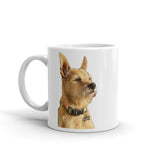 White glossy mug that holds a vivid print (dog?) that will withstand microwave and dishwasher.